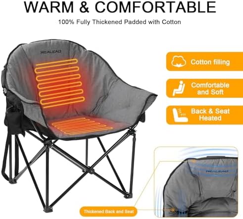 REALEAD Oversized Heated Camping Chair | Fully Thick Padded | Heated Chairs for Outdoor Sports with Back and Seat Heating | Heated Folding Chair for Adults | Support 400lbs | Battery NOT Included