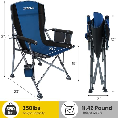 XGEAR Portable Camping Chairs for Adults with Padded Hard Armrest, Sturdy Folding Camping Chair with Cup Holder, Storage Pockets Carry Bag Included, Support to 300 lbs(Blue)