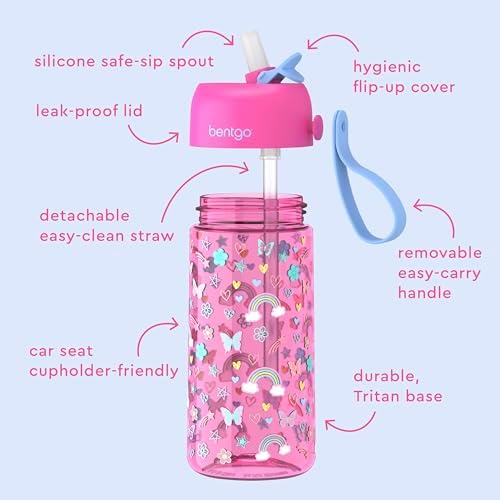 Bentgo Kids Water Bottle - Leak-Proof, Durable Tritan, BPA-Free 15 oz. Cup for Kids/Toddlers Ages 3+, Safe Sip Spout, Carrying Handle, & Dishwasher Safe for School & Sports (Rainbows & Butterflies)