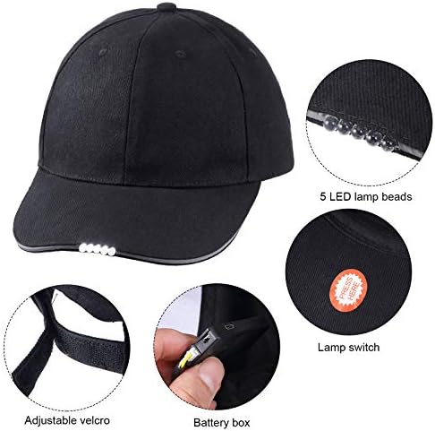 2 Pieces Baseball Cap with Light Hands Free LED Baseball Cap 5 LED Battery Powered Headlamp Hat Flashlight Hat for Fishing Jogging Camping Hand Work