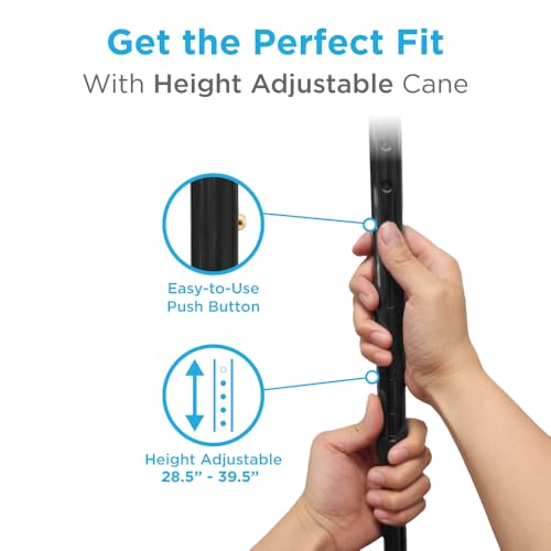 NOVA Sugarcane, Walking Cane with All Terrain Rubber Quad Tip Base and Carrying Strap, Black Design