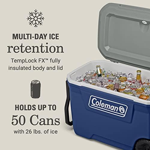 Coleman Classic Series Insulated Portable Wheeled Cooler, Leak-Resistant Outdoor Hard Cooler Keeps Ice up to 5 Days, 62-Quart