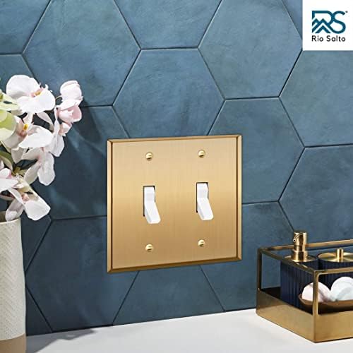 Rio Salto BRASS Metal Gold Double Toggle Light Switch Covers Wall Plate Toggle Light Switch Wallplate Decorative Gold 2 Gang Wall Switch Plate Covers Genuine Brushed Brass - Standard Size