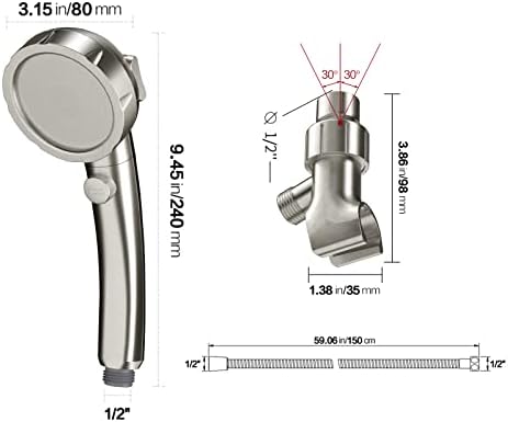 KAIYING Brushed Nickel High Pressure Handheld Shower Head with ON/OFF Switch, 3 Spray Modes, Adjustable Angle Bracket, and Hose