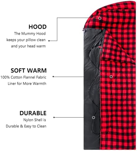 ShinHye Double Sleeping Bag for Adults with 2 Pillows, Camping Sleeping Bags Flannel Cotton 2 Person Sleeping Bags XXL Queen Size Sleeping Bag for Cold Weather
