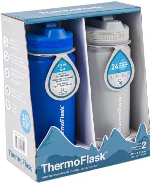 ThermoFlask Kids Bottle with Straw Lid - Durable & Dishwasher-Safe Water Bottles & Lids - Leak-Proof Bottle Lid Design - Reusable Water Bottles for Everyday Use - 16 oz, Blueberry/Wolf Grey (2 Pack)