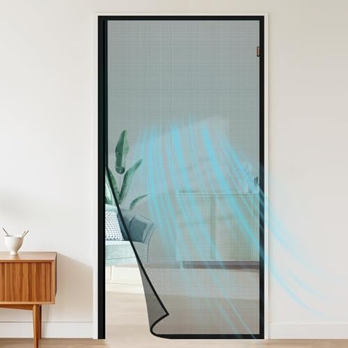 MAGZO Magnetic Screen Door Fits Door Size 38 x 82 Inches, Screen Size 40 x 83 Inch Reinforced Side Opening Mesh Curtain Polyester Heavy Duty Screen with Full Frame Hook&Loop-Black