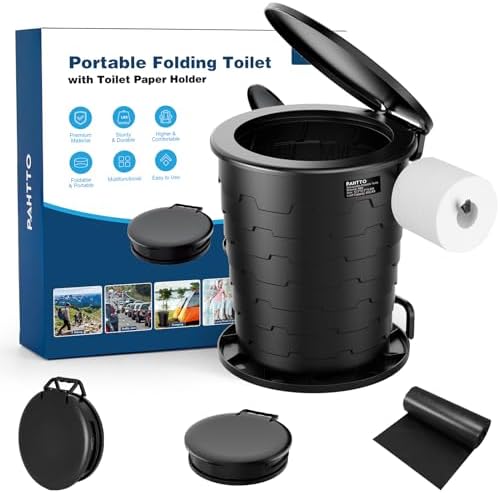 Portable Toilet for Adults, Retractable Porta Potty for Camping with Toilet Paper Holder and Lid, Foldable Toilet Adjustable Height for Camping, Hiking, Fishing, RV Travel, Road Trips