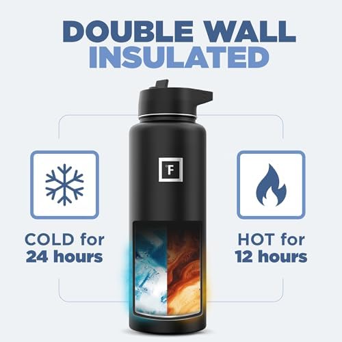 IRON °FLASK Camping & Hiking Hydration Flask with 3 Lids - Stainless Steel, Double Walled & Vacuum Insulated Water Bottle - Leak Proof & BPA Free (Sand, Straw - 40 oz)