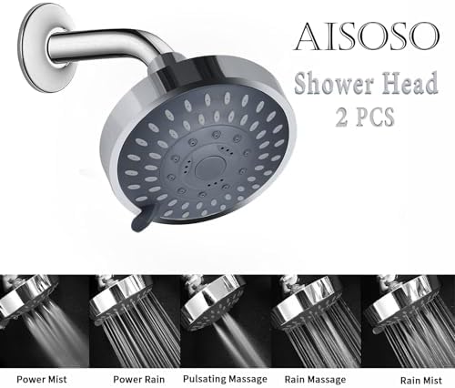 AISOSO Shower Head 2 PCS, 5 Modes High Pressure Shower Heads for Relaxed Shower Experience, 4.1 Inch Bathroom Fixed Showerhead Even at Low Water Pressure for Powerful Spray, Chrome