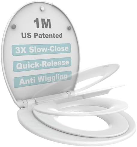 Round Toilet Seat with Toddler Seat Built In, 3X Slow Close FOR BOTH TODDLER & ADULT Seats, Potty Training Toilet Seat, No Wiggle and Easy to Install, Detachable Toddler Seat for Longterm Usage, White