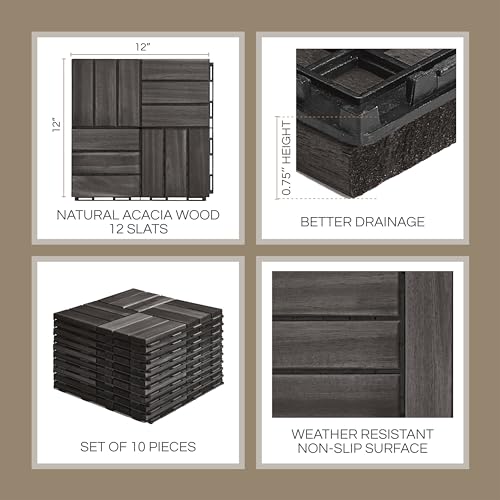 10 Pcs Interlocking Deck Tiles, Patio Flooring - Outdoor Waterproof Acacia Wood Tiles for All Weather Use - Balcony, Backyard, Indoor & Outdoor (Black, 10 Pcs - 12.1 Square Ft)