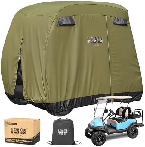 10L0L 2/4/4+2 Passenger Golf Cart Cover Fits for Yamaha EZGO Club Car, 420D Waterproof Durable Polyester Golf Cart Cover with Three Zipper Doors Windproof Sunproof - Black/Army Green/Sliver