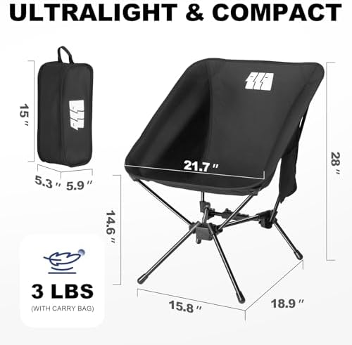 Lightweight Camping Chair, Portable Camping Chair with Carry Bag for Adults, Low Back Folding Compact Outdoor Chair for Backpacking, Hiking, Beach Garden, Picnic, and Travel (Black)