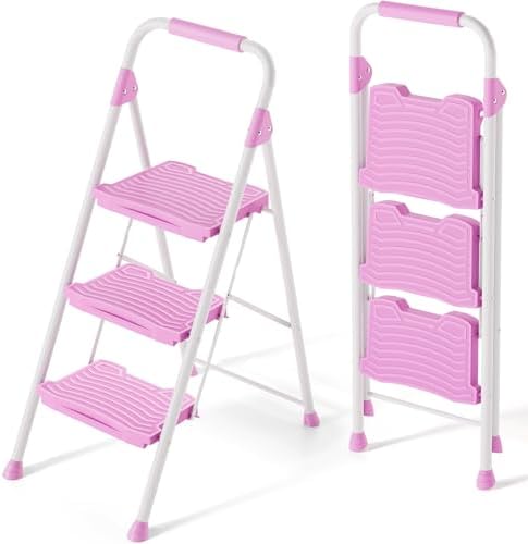 KINGRACK 3 Step Ladder, Sturdy Step Stool with Handrail, Anti-Slip Wide Pedals, 900lbs Foldable Step Stool for Home, Garage, Garden, Household, Large Loading Capacity, Pink