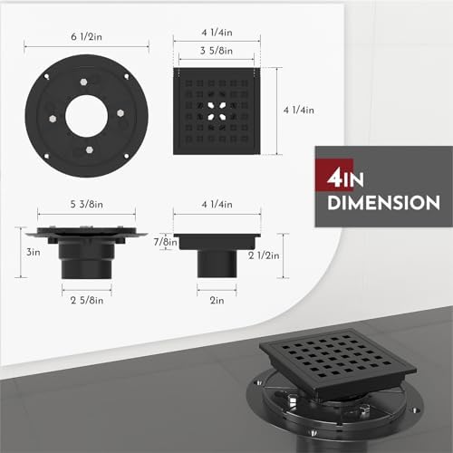 4 Inch Square Shower Floor Drain with Flange,Quadrato Pattern Grate Removable,Food-Grade SUS 304 Stainless Steel,Watermark&CUPC Certified,Matte Black