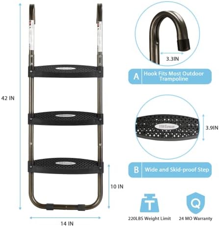 HBTower Trampoline Ladder, 3-Step Trampoline Steps with Horizontal Wide Steps, Skid-Proof Steps Universal Hook, UV Treated Steel, 220Lbs Capacity Trampoline Stairs Accessories for Kids/Children