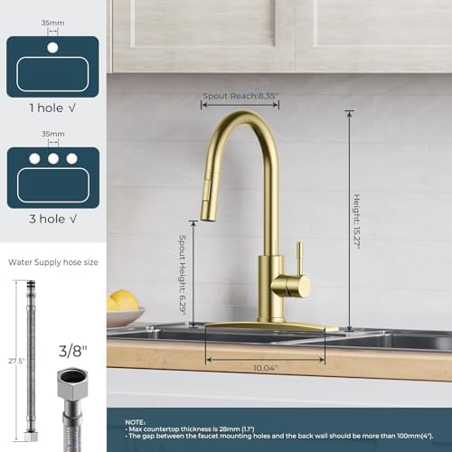 FORIOUS Gold Kitchen Faucet with Pull Down Sprayer, High Arc Modern Classic Sink Faucet Stainless Steel with Deck Fit for 1 or 3 Hole for Pot Filler Bar Farmhouse Laundry Rv, Brushed Champagne Golden