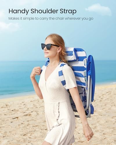 SONGMICS Portable Backpack Beach Chair, 331 lb Capacity, 4 Angles Adjustable Backrest, 2 Side Pockets, Towel Bar, Blue and White UGCB62BU