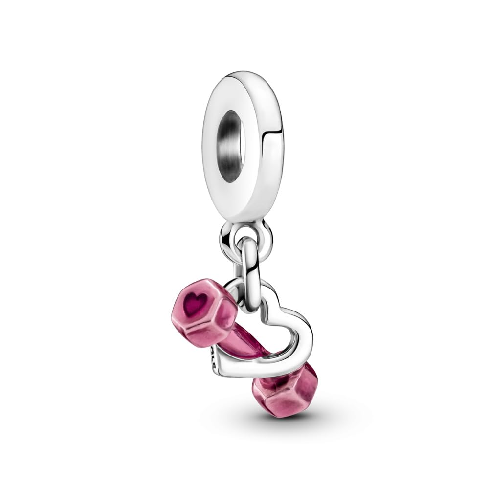 PANDORA Dumbbell & Heart Dangle Charm - Compatible Moments Bracelets - Jewelry for Women - Gift for Women - Made with Sterling Silver & Enamel, With Gift Box