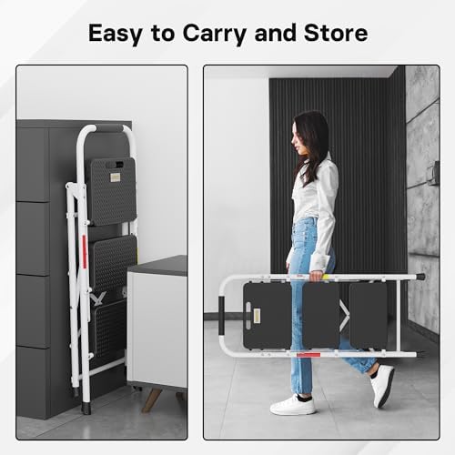 BONTEC 3-Step Ladder, Folding Step Stool, 600lbs Max Load Capacity, Sturdy Steel, Non-Slip Pedals, Lightweight, Portable Steel Ladder with Convenient Handrail, Safety Design for Home & Work, White