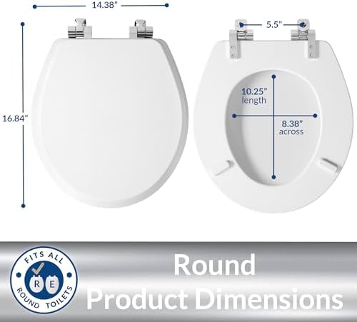 Mayfair Bennett Toilet Seat with Chrome Hinges, Slow Close Wood Seat, Secure Metal Hinges, Easy Install, Made in USA, Round, White