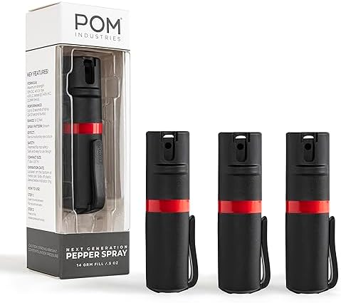 POM Pepper Spray Pocket Clip, Quick Flip Top Safety, Maximum Strength OC Formula with UV Marking Dye, Safe Compact and Tactical Design for Everyday Carry, 25 Bursts, 10 ft Range, 0.5 fl oz