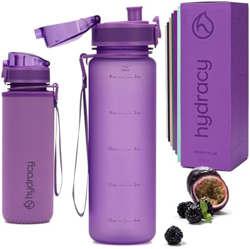 Hydracy Water Bottle with Time Marker -Large BPA Free Water Bottle & No Sweat Sleeve -Leak Proof Gym Bottle with Fruit Infuser Strainer & Times to Drink -Ideal for Fitness Sports & Outdoors