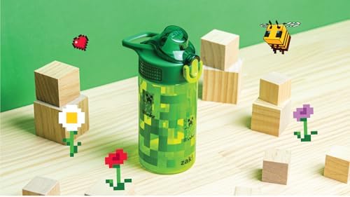 Zak Designs Sage Minecraft Kids Water Bottle For School or Travel, 16oz Durable Plastic Water Bottle With Straw, Handle, and Leak-Proof, Pop-Up Spout Cover (Creeper)