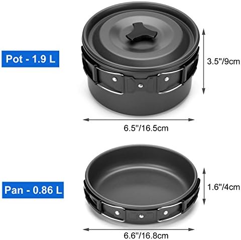 Odoland Camping Cookware Mess Kit, Lightweight Pot Pan Kettle with 2 Cups, Fork Spoon Kit Stainless Steel, gray for Backpacking, Outdoor Camping Hiking and Picnic
