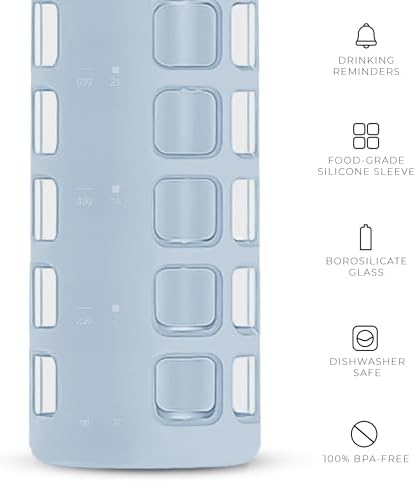 purifyou 40/32/22/12 oz Borosilicate Glass Water Bottles with Volume Markers, Silicone Sleeve, Stainless Steel Lid, Reusable Bottle for Water, Juice, Gym, and Fridge Storage (32oz Ice Blue)