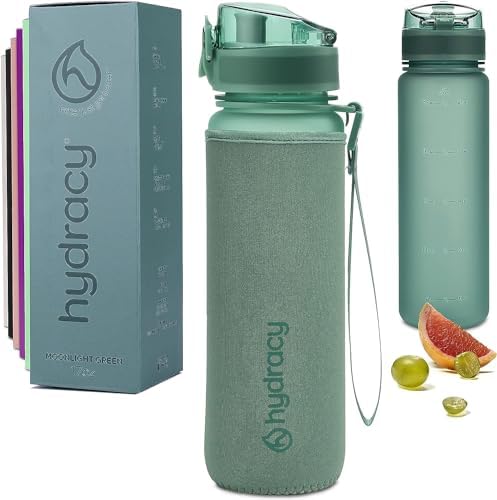 Hydracy Water Bottle with Time Marker -Large BPA Free Water Bottle & No Sweat Sleeve -Leak Proof Gym Bottle with Fruit Infuser Strainer & Times to Drink -Ideal for Fitness Sports & Outdoors