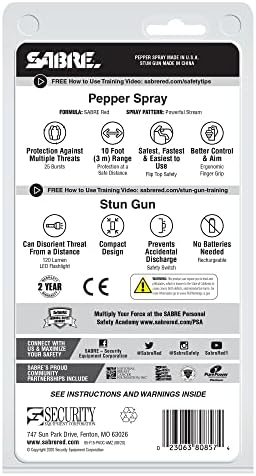 SABRE Pepper Spray & 2-in-1 Stun Gun with Flashlight, Self Defense Kit, Fast Flip Top Safety, Finger Grip for Better & Faster Aim, Painful 1.60 µC Charge, 120 Lumen LED Light, Rechargeable, 0.54 fl oz