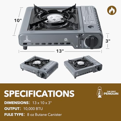 The First Penguin Portable Camping Stove - with Carrying Case 10,000 BTU Great for Emergency Preparedness Kit, High Power Butane Stove, Perfect for Camping, Hiking and Emergency-Grey