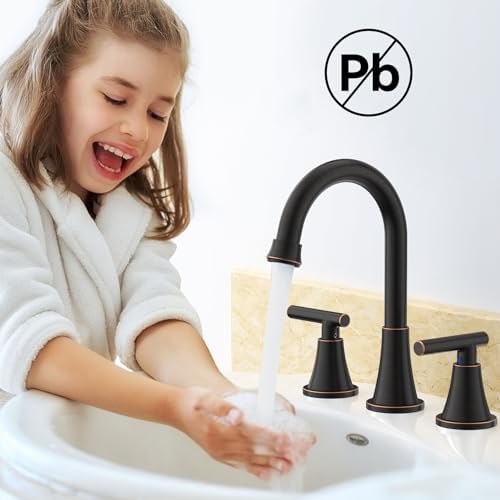 Bathroom Faucets for Sink 3 Hole, Hurran Oil Rubbed Bronze Bathroom Sink Faucet with Pop-up Drain and Supply Lines, Stainless Steel Lead-Free Widespread Faucet for Vanity RV Farmhouse