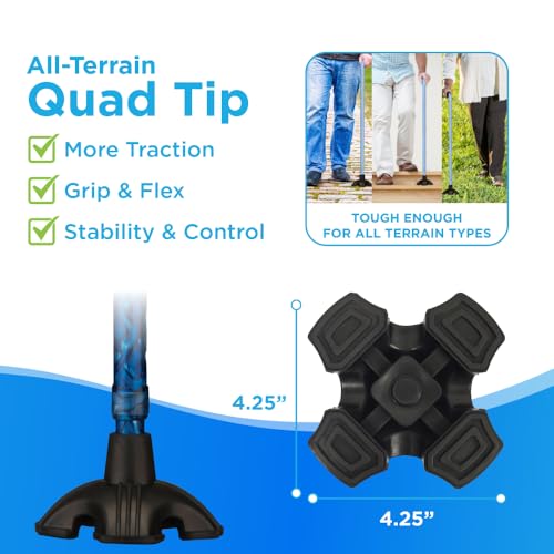 NOVA Medical Products Sugarcane, Walking Cane with All Terrain Rubber Quad Tip Base and Carrying Strap, Waves Design, Blue Rain