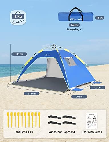 Pop Up Beach Tent Sun Shade Shelter for 3-4 Person with UPF 50+, Lightweight & Easy Setup, Vent Windows & Zippered Door, Extended Floor Family Instant Beach Tent