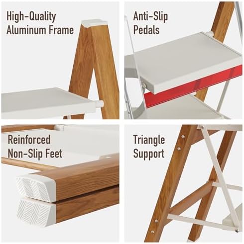 3 Step Lightweight Aluminum Folding Ladder, Portable Step Stool with Wide Anti-Slip Pedals, 330 lbs Capacity for Home,Cleaning Tasks(White&Woodgrain)