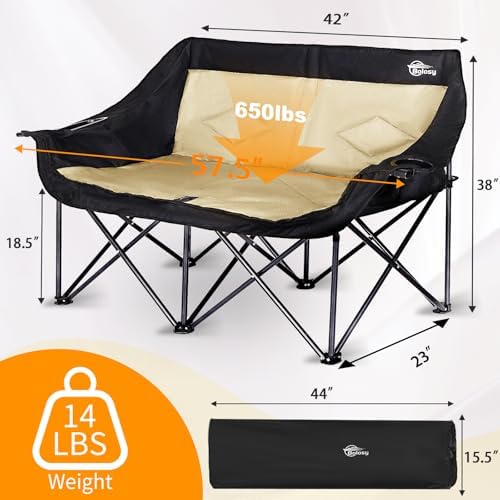 Double Camping Chair Loveseat Camping Chair Double Folding Chair Camp Chairs for Adults Heavy Duty Two Person Camp Chair Padded Camping Couch 2 Person Lawn Chairs - Support 650 lbs - Khaki
