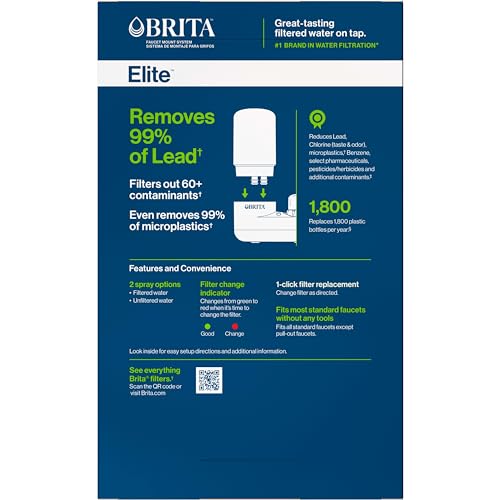 Brita Faucet Mount Water Filter for Sink, Removes 99% of Lead, Elite Filtration System, Includes 2 Replacement Filters, Chrome