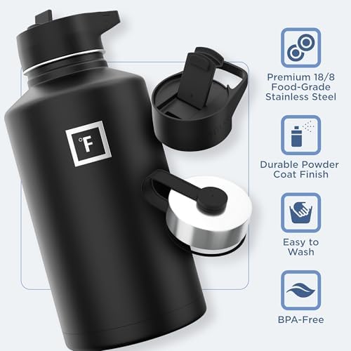 IRON °FLASK Camping & Hiking Hydration Flask with 3 Lids - Stainless Steel, Double Walled & Vacuum Insulated Water Bottle - Leak Proof & BPA Free (Lavender, Straw - 64 oz)