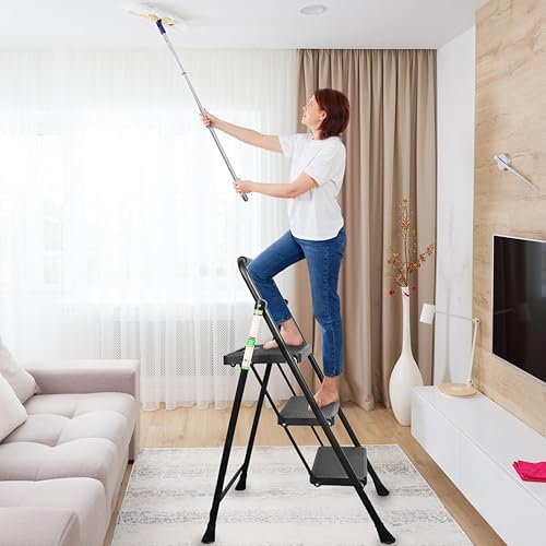 3 Step Ladder, Protable Steel Folding Stool with Wide Anti-Slip Pedal, 500lbs Sturdy Steel Ladder, Black