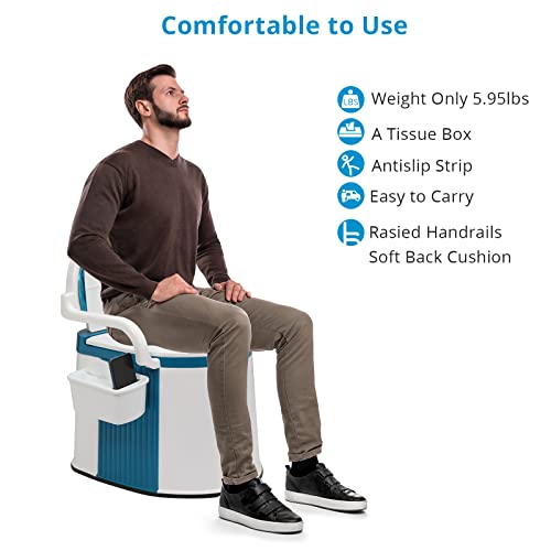 VINGLI Portable Toilet | Back & Handrail Design Commode with 5 Gallon Bucket Inner, Camping RV Toilet for Adult, Kids, Home, Boat, Van, Travel, Plastic, Blue & white