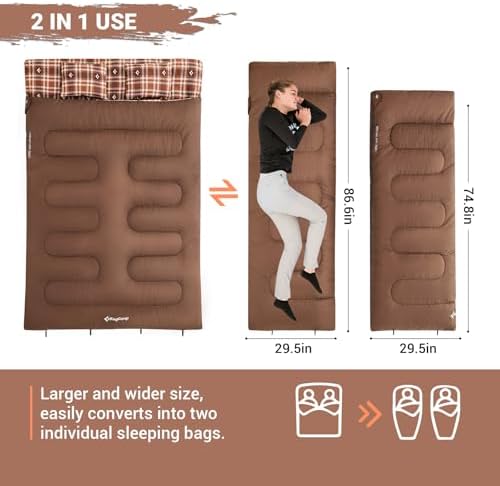 KingCamp Double Sleeping Bag for Adults, Queen Size 2 Person XXL Flannel Sleeping Bag, Waterproof Lightweight Flannel Quilt with 2 Pillows, Perfect for Couples Family Camping Hiking