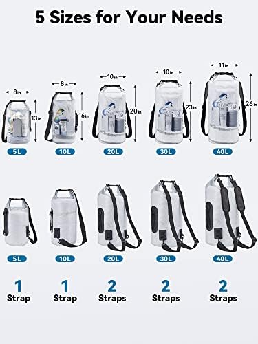 HEETA Dry Bag Waterproof for Women Men, 5L/10L/20L/30L/40L Roll Top Lightweight Dry Storage Bag Backpack with Phone Case for Travel, Swimming, Boating, Kayaking, Camping & Beach, 11 Transparent Colors