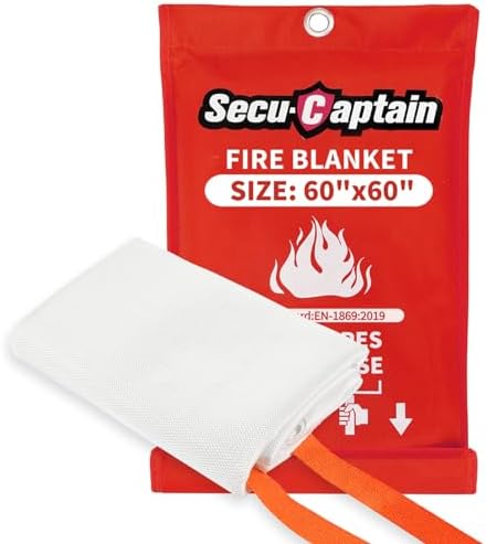 SecuCaptain Emergency Fire Blanket for Home - 60"x60" X-Large Flame Retardant Blankets with Fireproof Tabs for House Camping Kitchen Fire Protection Survival Safety 1 Pack