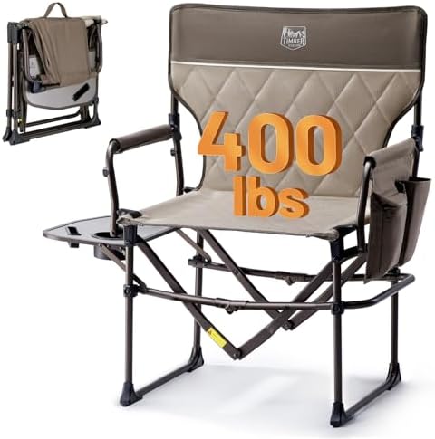 TIMBER RIDGE Heavy Duty Camping Chair with Compact Size, Portable Directors Chair with Side Table and Pocket for Camping, Lawn, Sports and Fishing, Supports Up to 400lbs, Tan