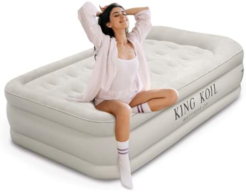 King Koil Plush Pillow Top Twin Air Mattress with Built-in High-Speed Pump for Camping, Home & Guests - 20” Twin Size Airbed Luxury Inflatable Blow Up Mattress, Waterproof, 1-Year Warranty