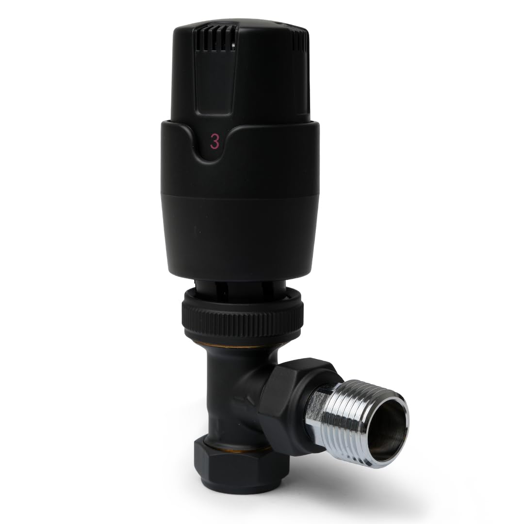 Black Angled Thermostatic Radiator Valves TRV Modern Radiator Valves 15mm x 1/2" (Set of 2) for Heated Towel Rails & Central Heating Radiators Radiator Valve Set