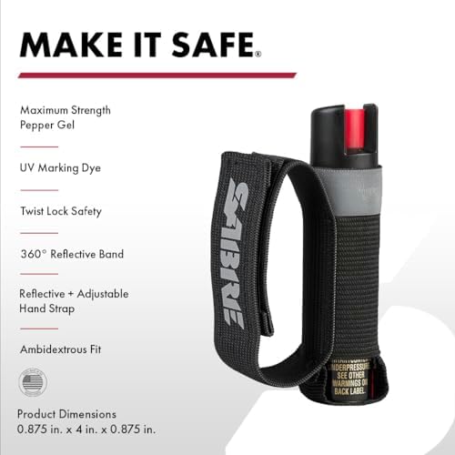 SABRE Runner Pepper Gel, Maximum Police Strength OC Spray, Reflective Hand Strap for Easy Carry & Quick Access, 0.67 fl oz, Secure & Easy to Use Safety, Optional Clip-On Alarm & LED Armband Combos